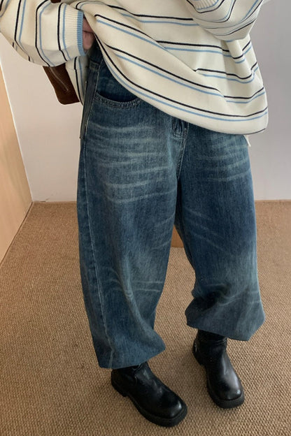 Vaqueros holgados de talle alto con efecto bigote de gato y lavado vintage