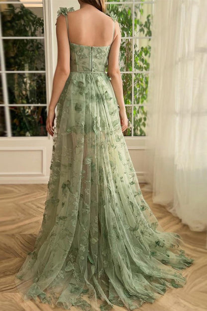 Sheer Tulle Spaghetti Strap High Slit Party Dress
