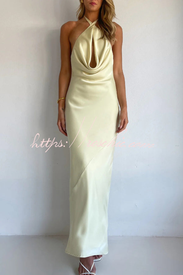 Solid Color Halter Neck Tie Backless Slim Fit Drape Maxi Dress