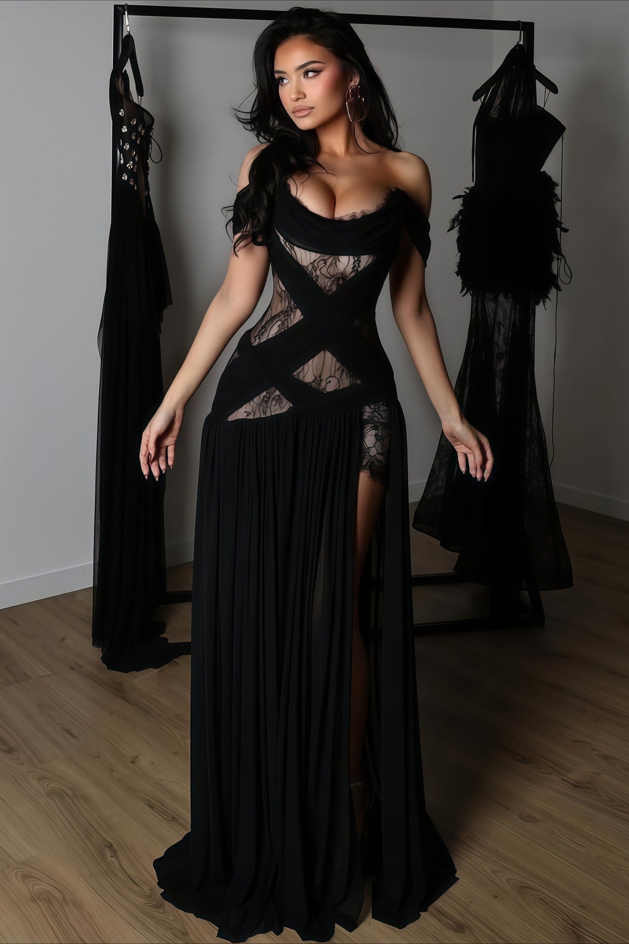 Vestido largo transparente con abertura, corte y encaje sexy