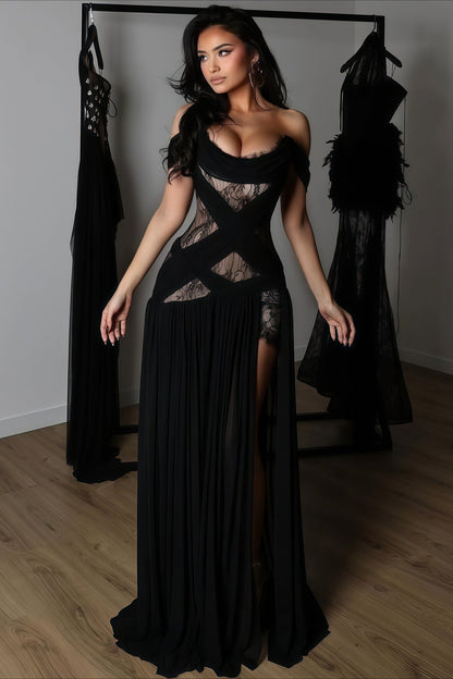 Vestido largo transparente con abertura, corte y encaje sexy