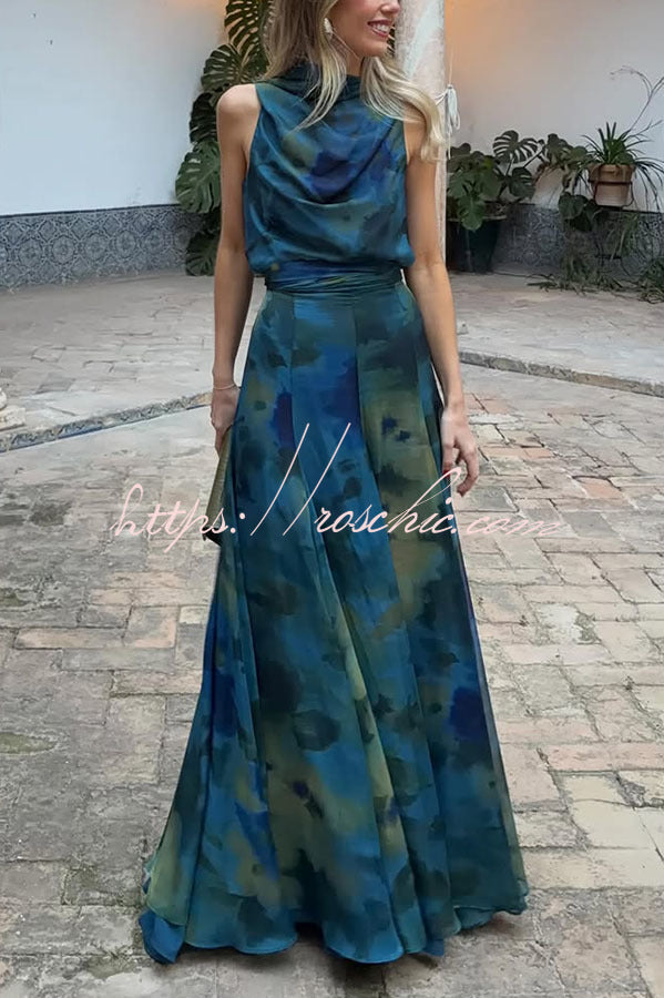 Ione Chiffon Ombré Print Cowl Neck Top and High Rise Maxi Skirt Set with Scarf