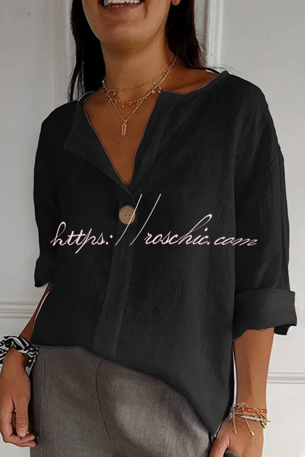 Solid Color Casual Button V-neck Loose Top