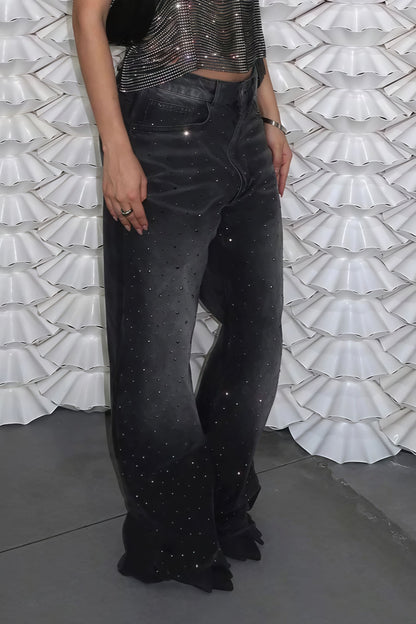 Vintage Rhinestone Distressed Low Waist Wide Leg Jeans