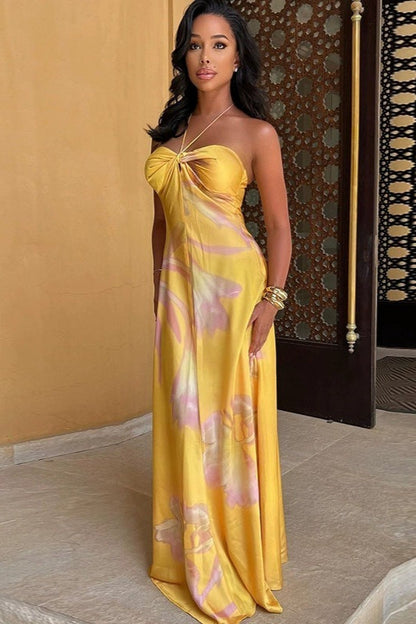 Vestido maxi de playa sin espalda, sin tirantes y estampado