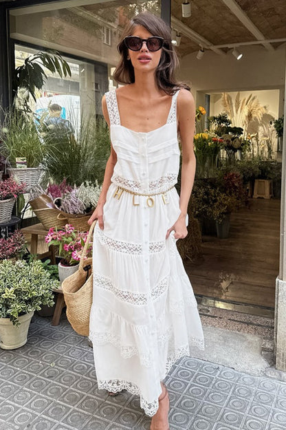 Vestido maxi bohemio suelto con volantes y retazos de encaje