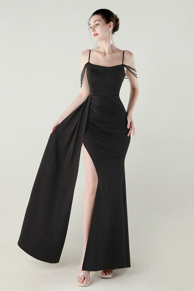 Vestido de fiesta de sirena de satén con tirantes finos