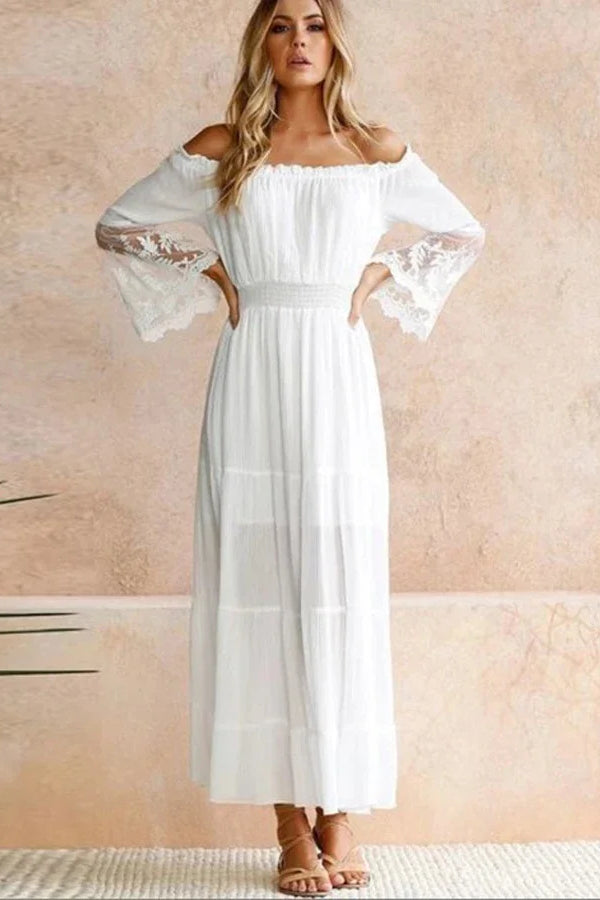Vestido bohemio con hombros descubiertos y mangas acampanadas