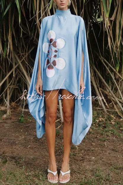 Luisa Satin Floral Print Pleated High-neck Batwing Cutout Sleeve Loose  Cape Mini Dress