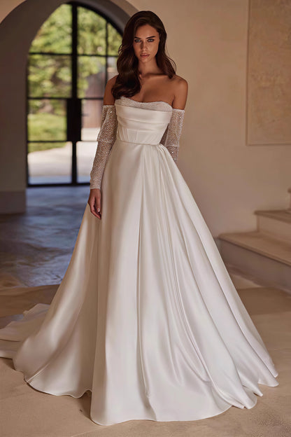 Vestido de Novia de Satén con Escote Palabra de Honor, Cuentas y Abertura Alta