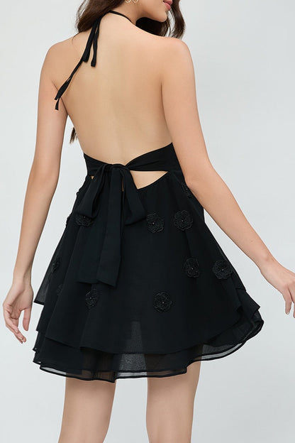 Vestido de cóctel halter de gasa con flores en 3D