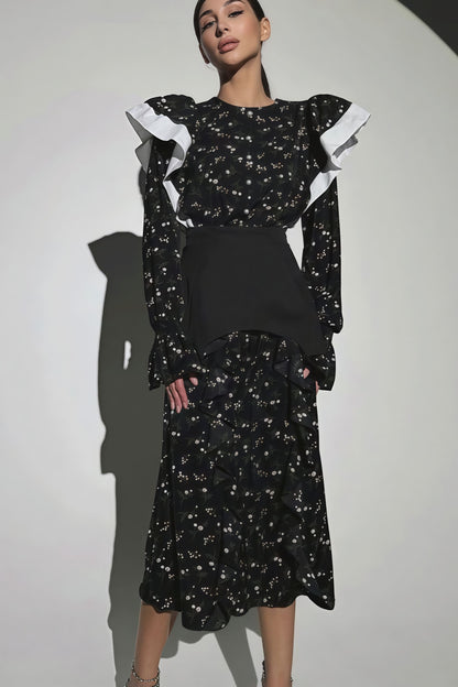 Detachable Waistband Long Sleeve Floral Skirt Set
