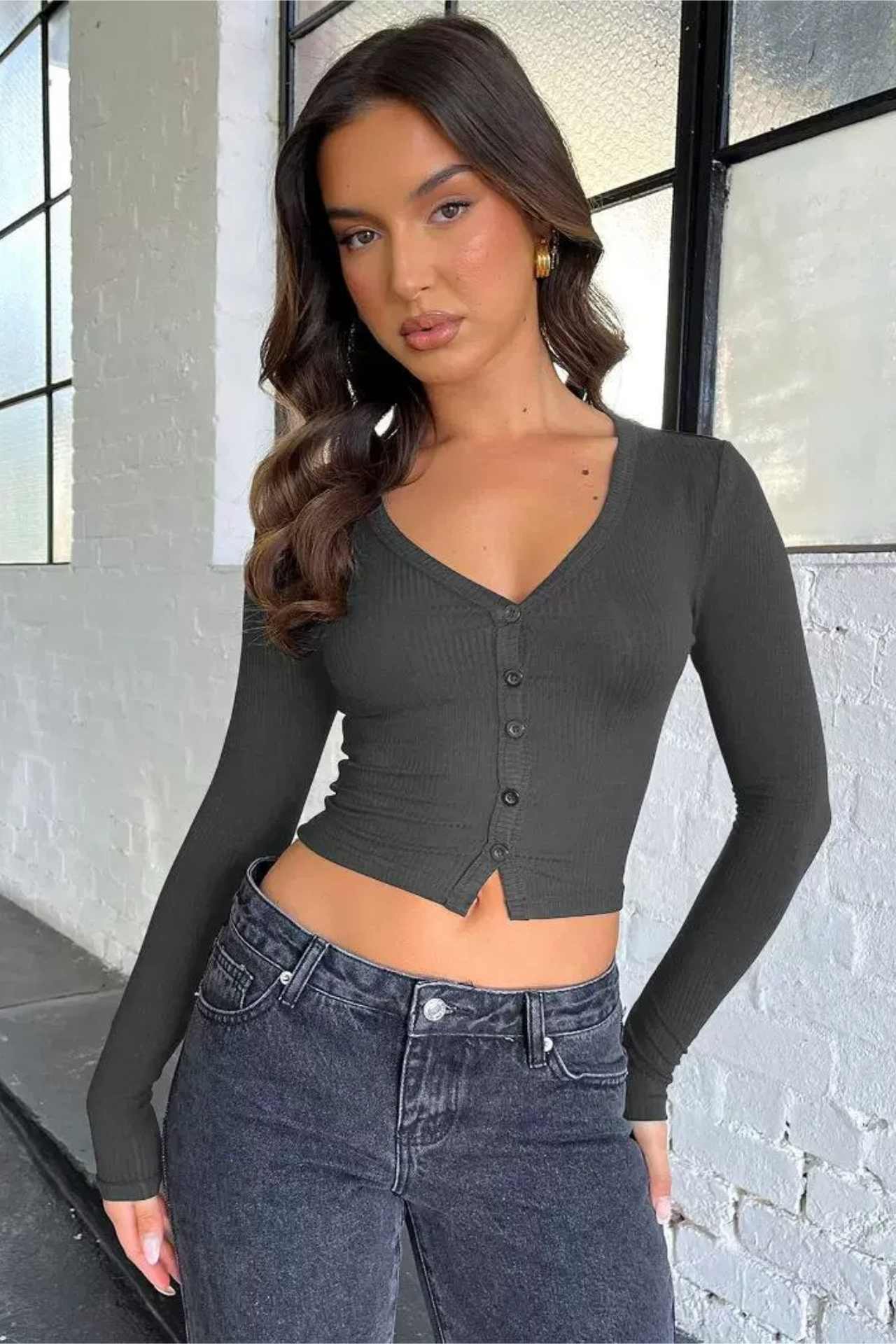 Y2K Ribbed Regular Shoulder Button Cardigan  Crop Top