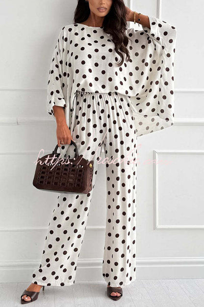 Verne Linen Blend Polka Dot Batwing Sleeve Top and Elastic Waist Pocket Loose Pants Set