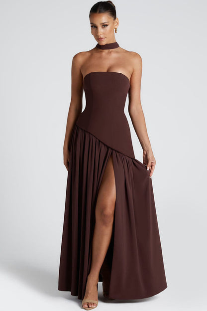 Vestido formal estilo bustier fluido con bloques de color y nudo