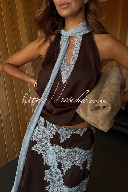 Sunday Social Contrast Color Satin Lace Trim Neck Strap Loose Tank (Shipped Within 24 Hours)