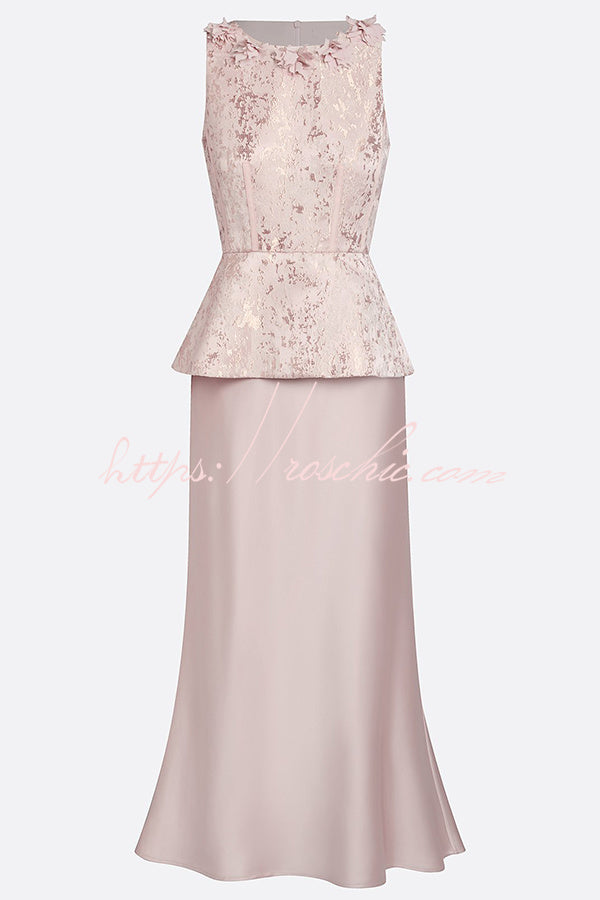 Siena 3D Floral Trim Lace Crew Neck Sleeveless Drape Satin Hem Maxi Dress