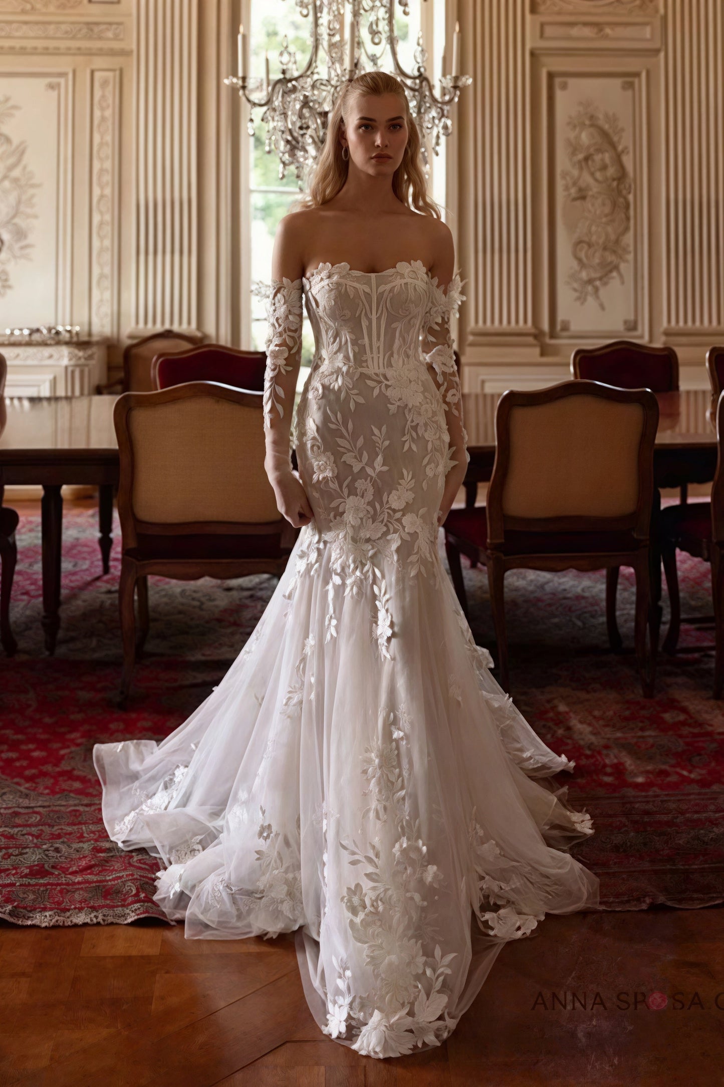 Vestido de novia estilo sirena de encaje bohemio con cola