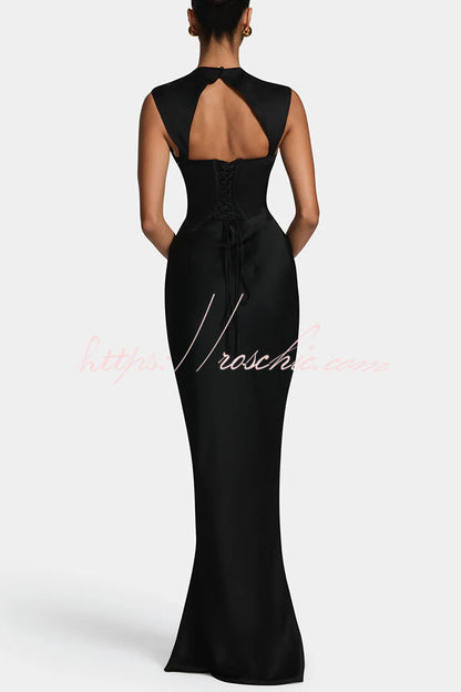 Avielle Satin High Neck Back Asymmetric Pleated Lace-up Drape Maxi Dress