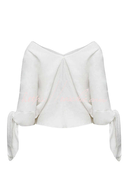 Joyful Bond Linen Blend V-neck Knotted Cuff Half Sleeve Loose Top