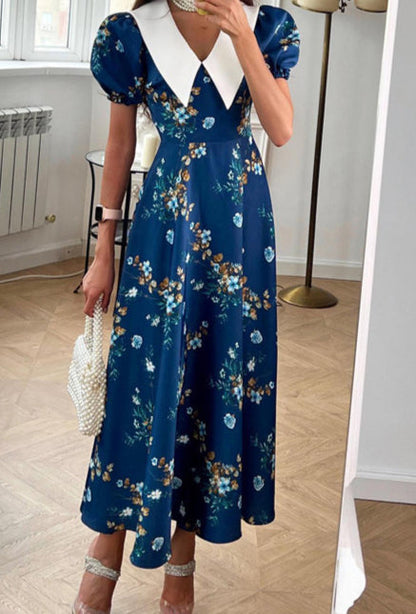 Doll Collar Short Sleeve Blue French Elegant Floral Dress