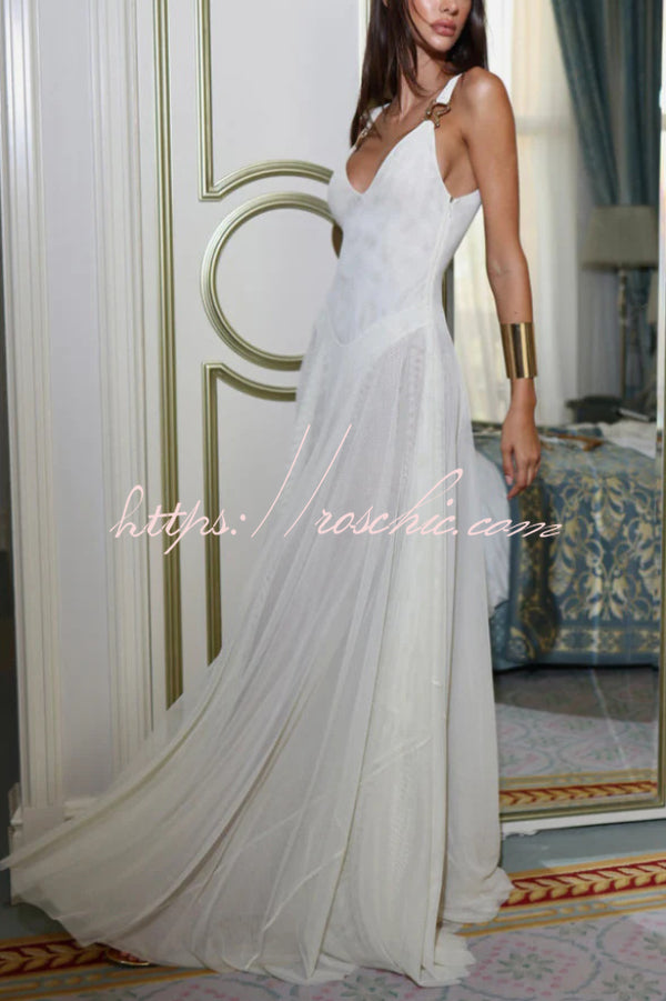 Solid Color V-neck Sleeveless Slim-fit Elegant Mesh Maxi Dress