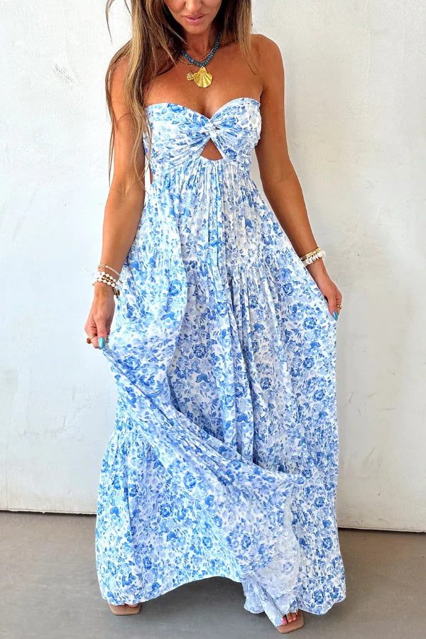 Floral Print Sleeveless Off-shoulder Cutout Resort Style Maxi Dress