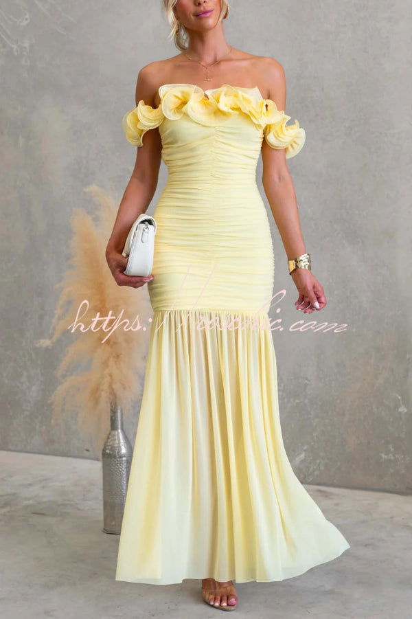 Solid Color Off-shoulder Pleated Backless Slim-fit Elegant Mesh Maxi Dress