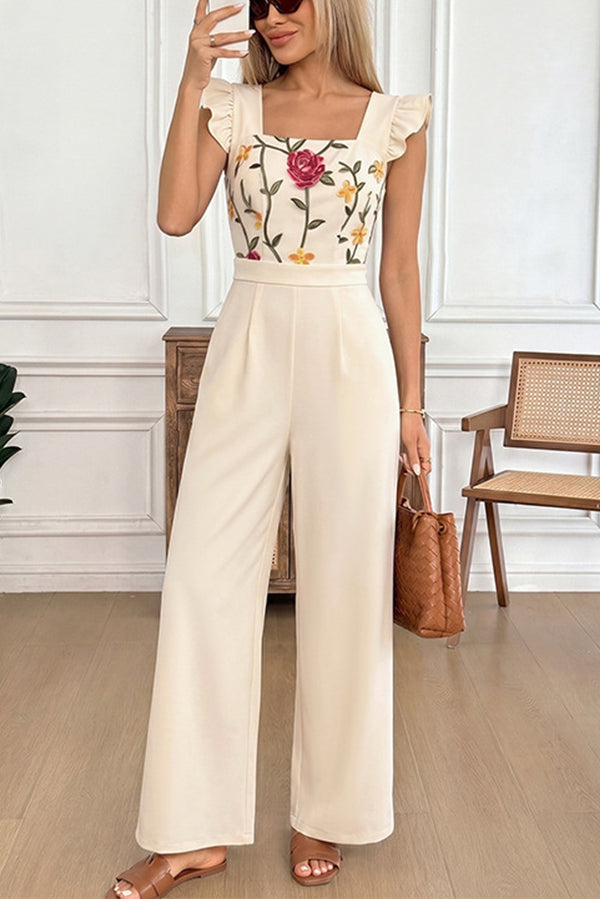 Floral Embroidered Ruffle Trim Jumpsuit