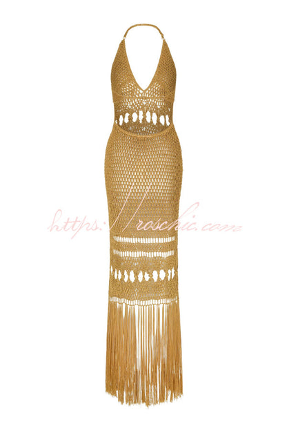 Fashionable Open-knit Backless Elegant Tassel Hem Vacation Cover-up Maxi Dress