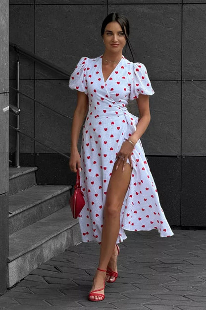 Vestido midi con estampado de algodón y mangas abullonadas