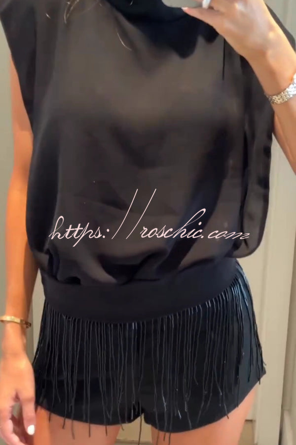 Solid Color Sleeveless Stand-up Collar Top and Casual Fringed Shorts Set