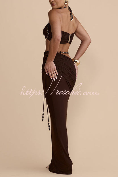 Emara Stretch Mesh Hand Beaded Detachable Belt Gathered Waist Vacation Maxi Skirt