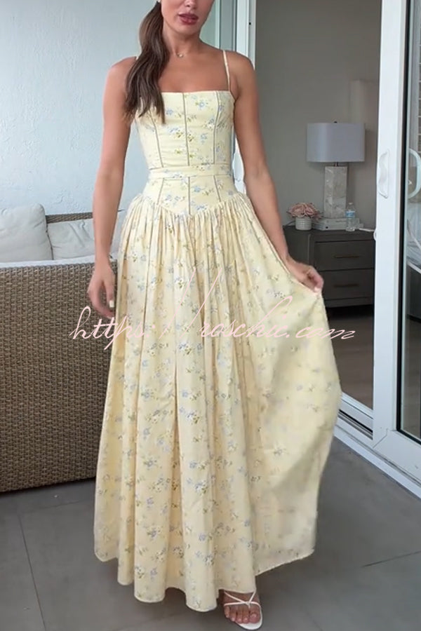 Romantic Countryside Stretch Cotton Blend Floral Print Cutout Trim Slip Midi Dress