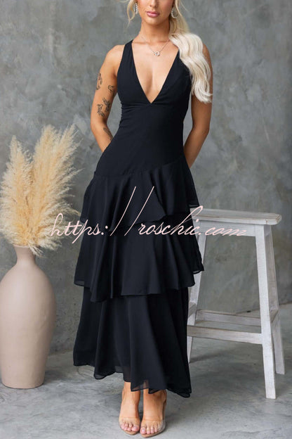Solid Color V-neck Sleeveless Elegant Layered Maxi Dress