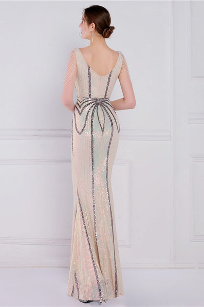 Vestido de fiesta de sirena con lentejuelas florales y pedrería