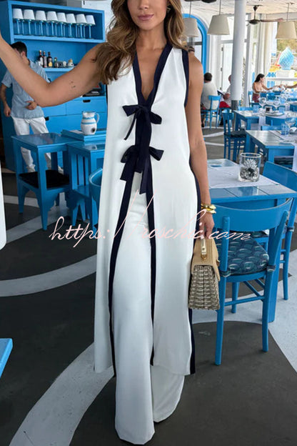 Beach Day Colorblock Bow Detail Slit Midi Top and Elastic Waist Loose Pants Set