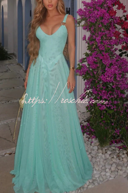 Solid Color V-neck Sleeveless Slim-fit Elegant Mesh Maxi Dress