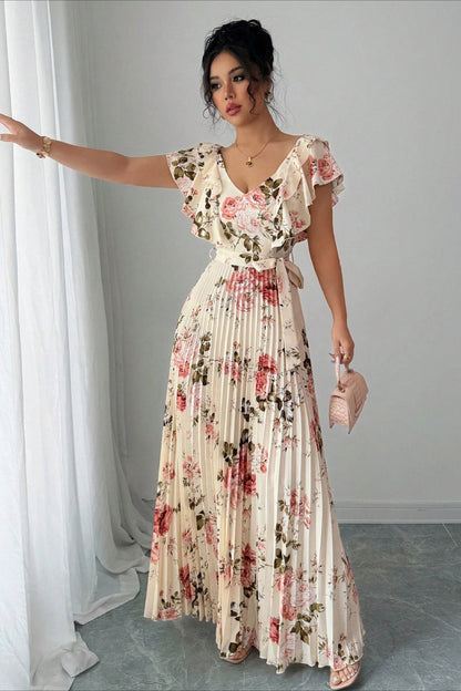 Vestido largo elegante plisado con cuello en V, estampado floral y manga con volantes