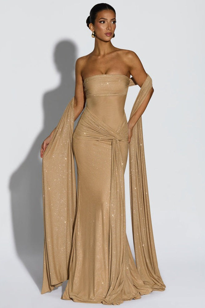 Vestido de fiesta plateado, sexy, elegante, sin tirantes, con hombros descubiertos