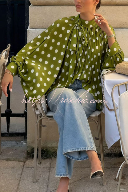 Polka Dot Print Tie-waist Lantern Sleeve Elegant Loose Shirt