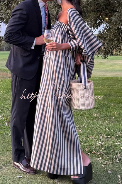 Berry Satin-Striped Detachable Balloon Sleeve Jacket Strapless Maxi Dress