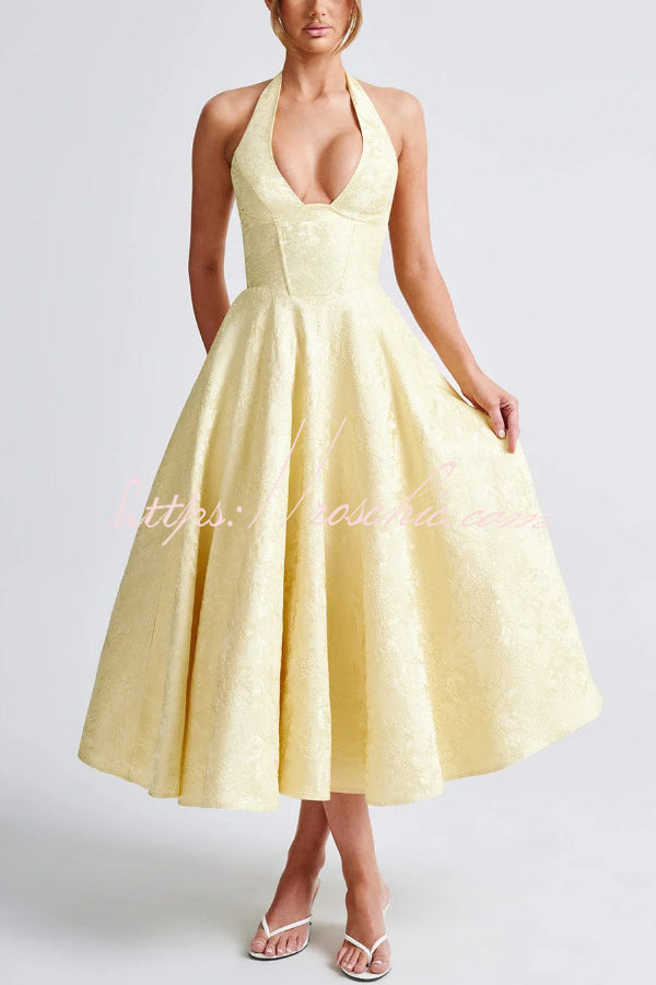 Stylish Jacquard Halter Neck Fitted Waist Open Back Elegant Midi Dress