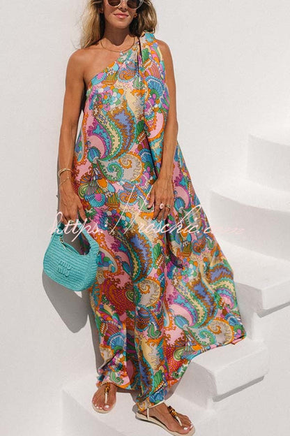 Rainbow Breeze Satin Unique Print Bow One Shoulder Loose Maxi Dress