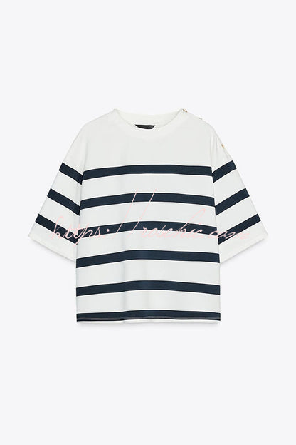 Logbook Stripe Button Shoulder T-Shirt and High-Rise Pocketed Loose  Shorts Set
