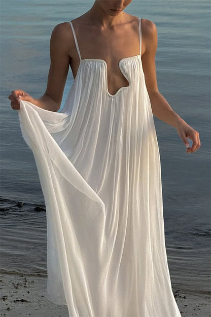 Sculptural Flowy Chiffon Plunging Chest Cutout Slip Loose Maxi Dress