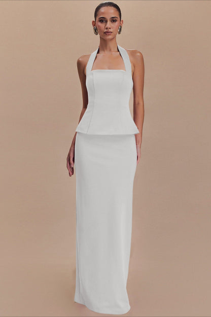 Vestido Formal Largo sin Espalda con Cuello Halter Liso