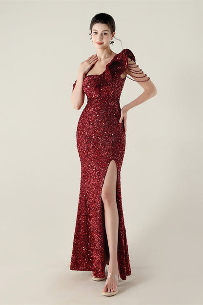 Vestido de fiesta formal con volante y un solo hombro drapeado