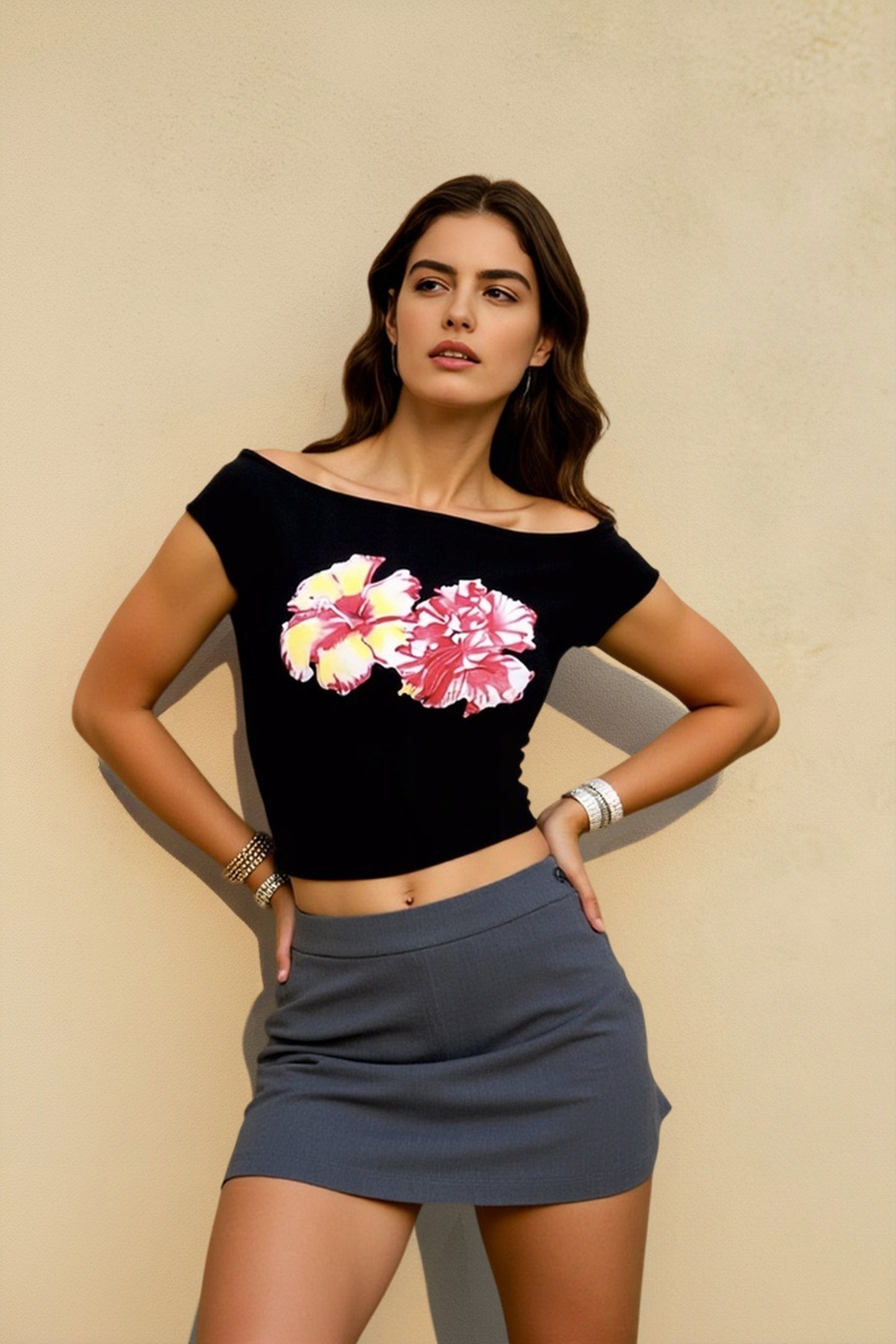Off Shoulder Print T-shirts