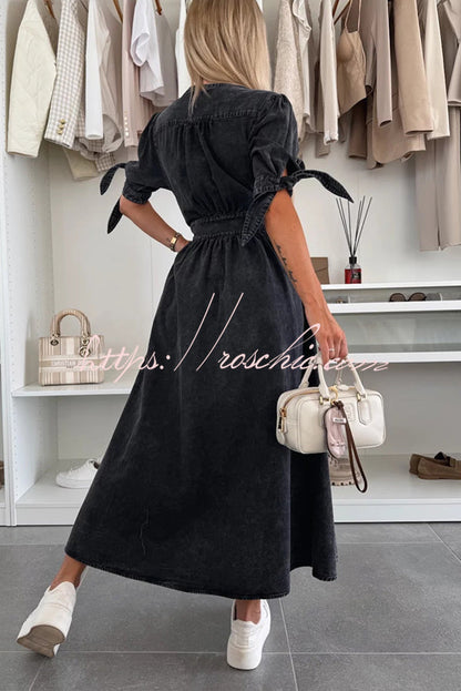 Solid Color V-neck Button-down Denim Midi Dress